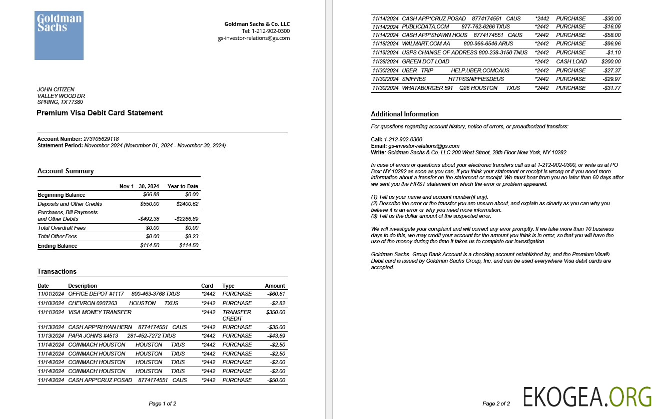 Modèle Word et PDF de relevé de carte de débit Visa Premium de la banque Goldman Sachs des États Unis